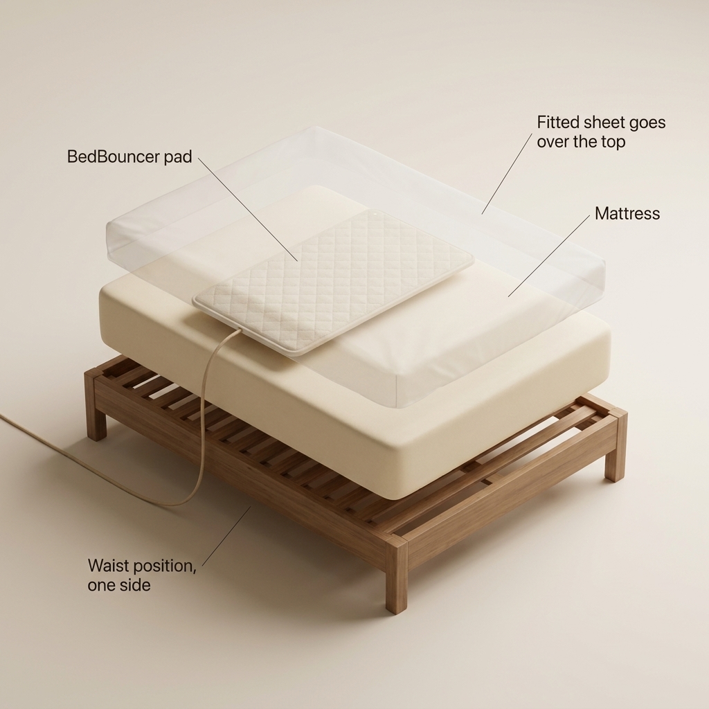 BedBouncer — exploded component view showing clock, pressure pad, and braided cable