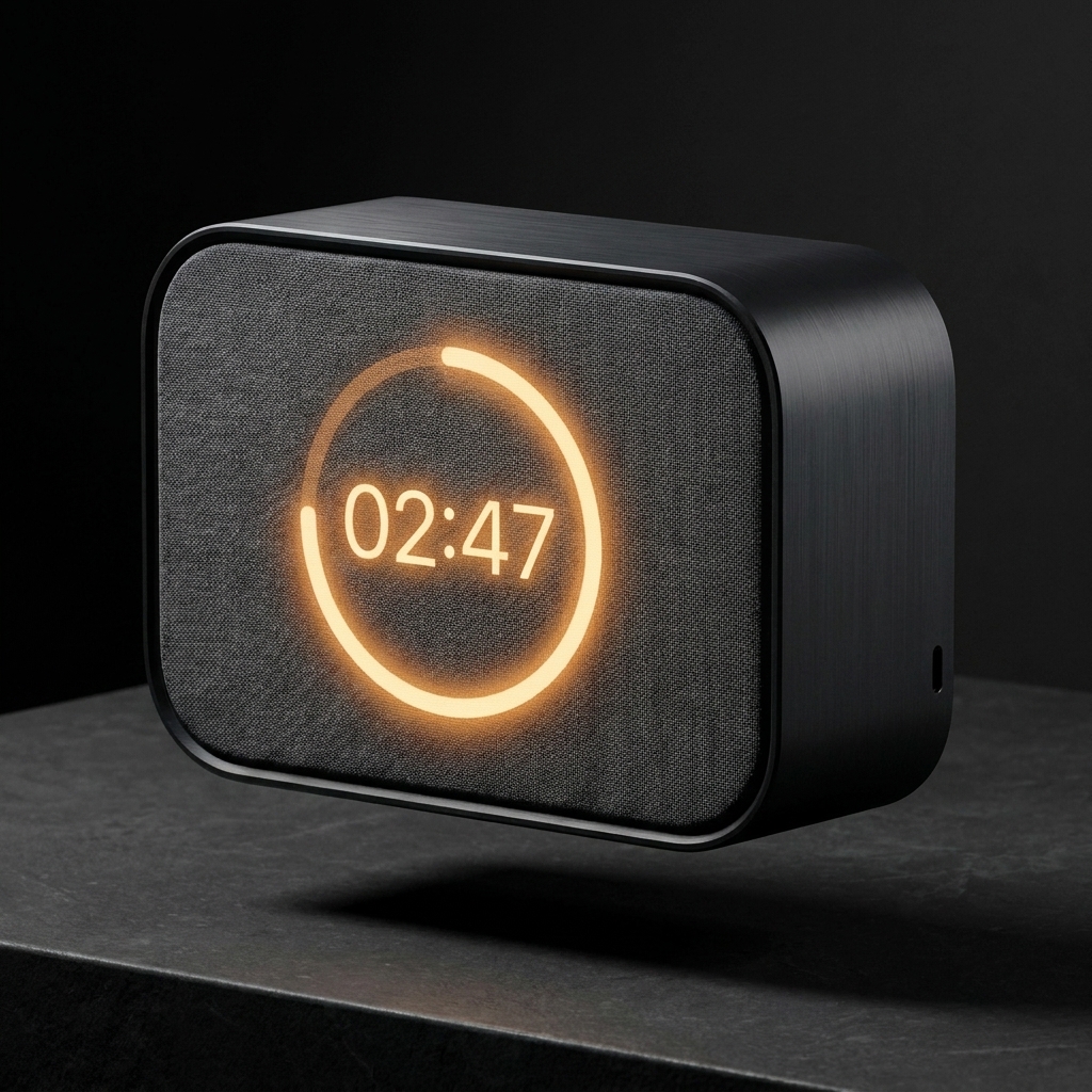 BedBouncer alarm clock — dark premium render showing OLED circular arc display